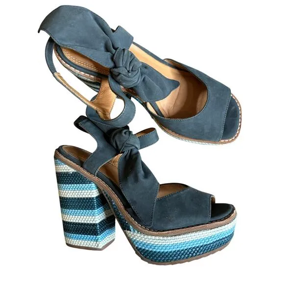 BILL BLASS Bolton Leather Platform bow strap Sandals In Denim Blue Size 7