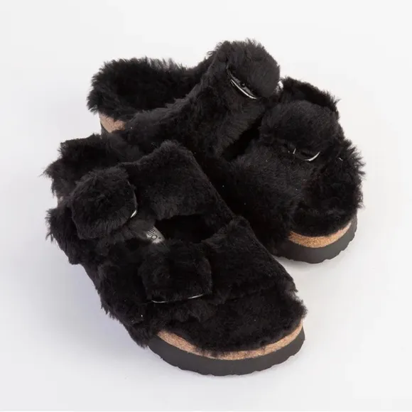Birkenstock Arizona big buckle black shearling Papilio sandals NWT