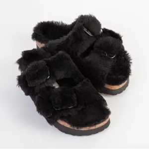 Birkenstock Arizona big buckle black shearling Papilio sandals NWT