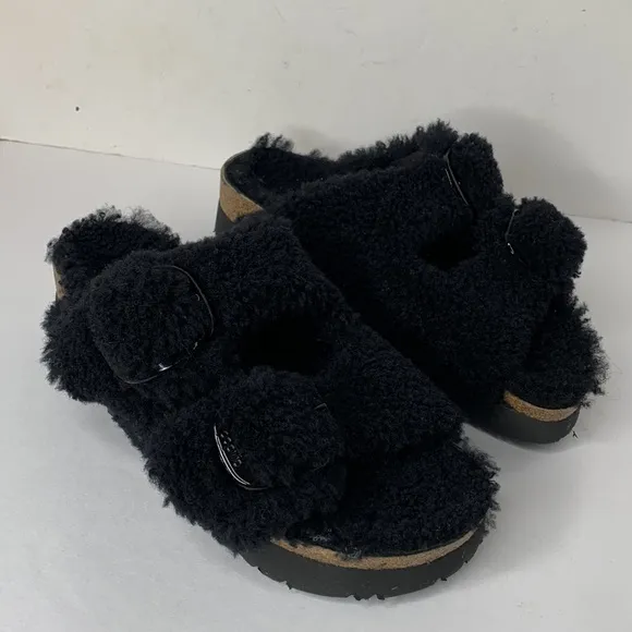 Birkenstock Arizona big buckle black shearling Papilio sandals NWT