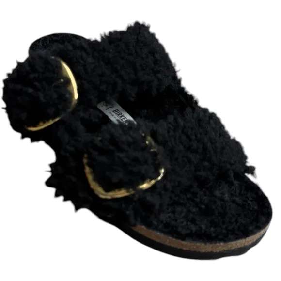 Birkenstock Arizona Big Buckle Teddy Shearling Sandals Black Gold Buckle 37 6.5