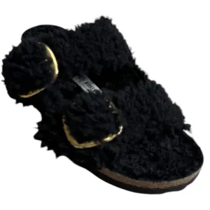 Birkenstock Arizona Big Buckle Teddy Shearling Sandals Black Gold Buckle 37 6.5