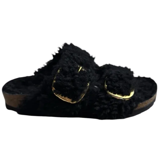 Birkenstock Arizona Big Buckle Teddy Shearling Sandals Black Gold Buckle 37 6.5