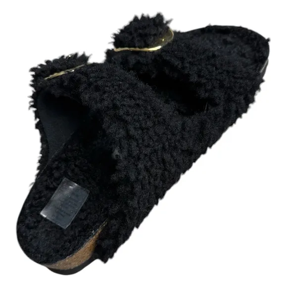Birkenstock Arizona Big Buckle Teddy Shearling Sandals Black Gold Buckle 37 6.5