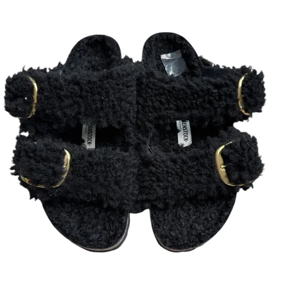 Birkenstock Arizona Big Buckle Teddy Shearling Sandals Black Gold Buckle 37 6.5