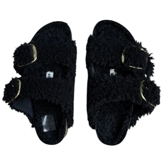 Birkenstock Arizona Big Buckle Teddy Shearling Sandals Black Gold Buckle 37 6.5