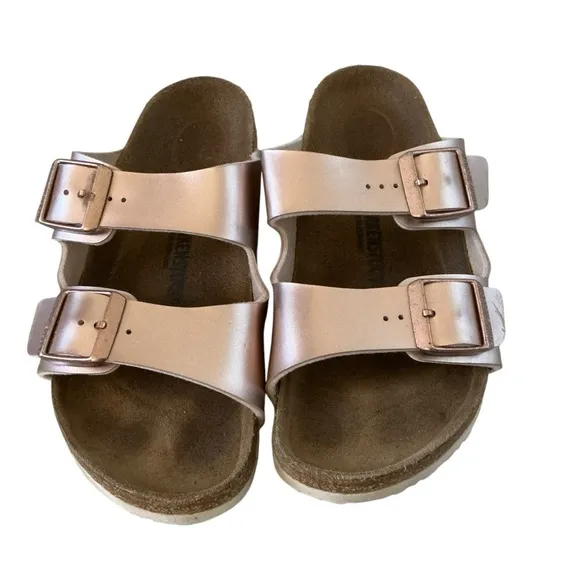 Birkenstock Arizona birko-flor leather sandals Sz 34 electric metallic copper