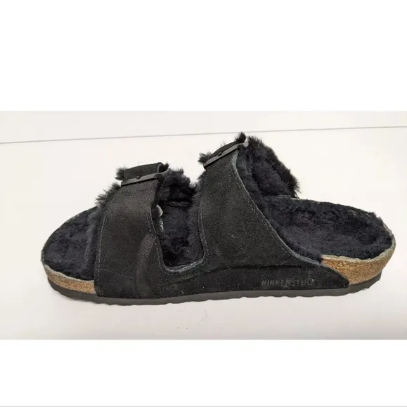Birkenstock Arizona Fur Slide Sandals, Black Suede, Women's 8 M (EU 39)