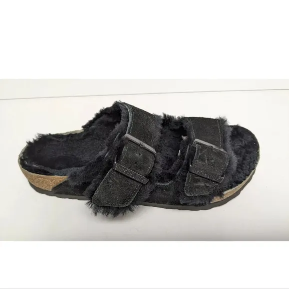 Birkenstock Arizona Fur Slide Sandals, Black Suede, Women's 8 M (EU 39)