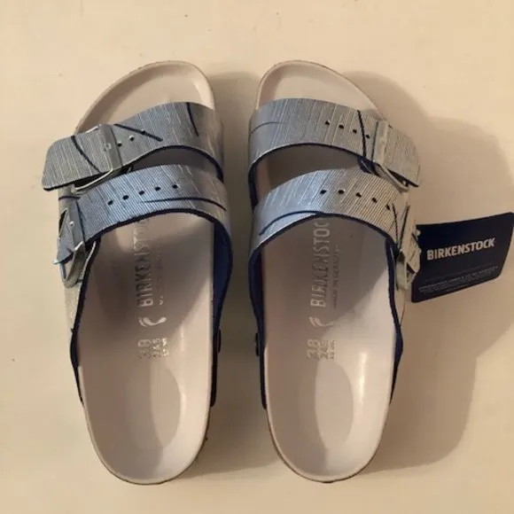Birkenstock Arizona Metallic Silver Cuts Ocean Rivet Logo Leather Sandal. Rare