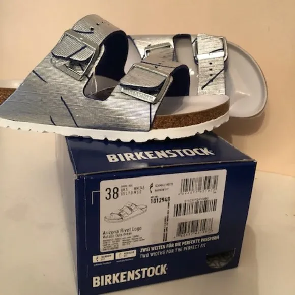 Birkenstock Arizona Metallic Silver Cuts Ocean Rivet Logo Leather Sandal. Rare