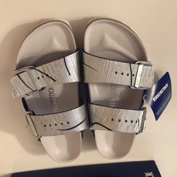 Birkenstock Arizona Metallic Silver Cuts Ocean Rivet Logo Leather Sandal. Rare
