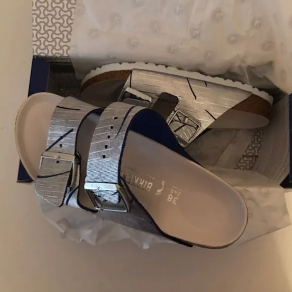 Birkenstock Arizona Metallic Silver Cuts Ocean Rivet Logo Leather Sandal. Rare