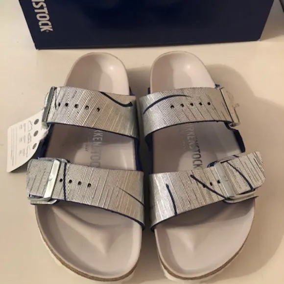 Birkenstock Arizona Metallic Silver Cuts Ocean Rivet Logo Leather Sandal. Rare