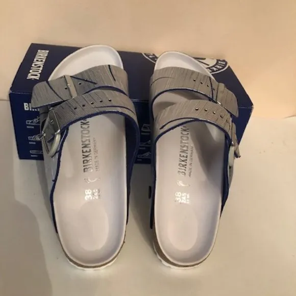 Birkenstock Arizona Metallic Silver Cuts Ocean Rivet Logo Leather Sandal. Rare