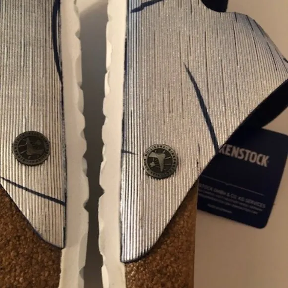 Birkenstock Arizona Metallic Silver Cuts Ocean Rivet Logo Leather Sandal. Rare