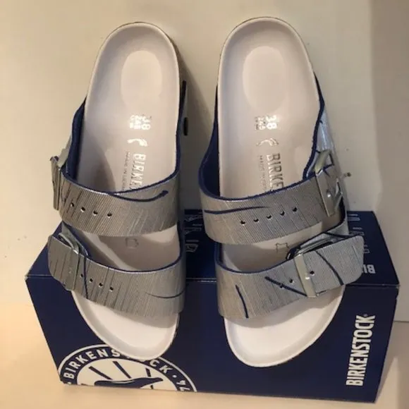 Birkenstock Arizona Metallic Silver Cuts Ocean Rivet Logo Leather Sandal. Rare