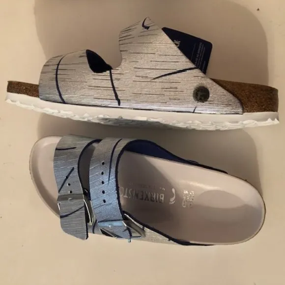 Birkenstock Arizona Metallic Silver Cuts Ocean Rivet Logo Leather Sandal. Rare