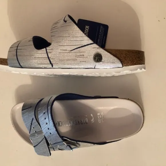Birkenstock Arizona Metallic Silver Cuts Ocean Rivet Logo Leather Sandal. Rare