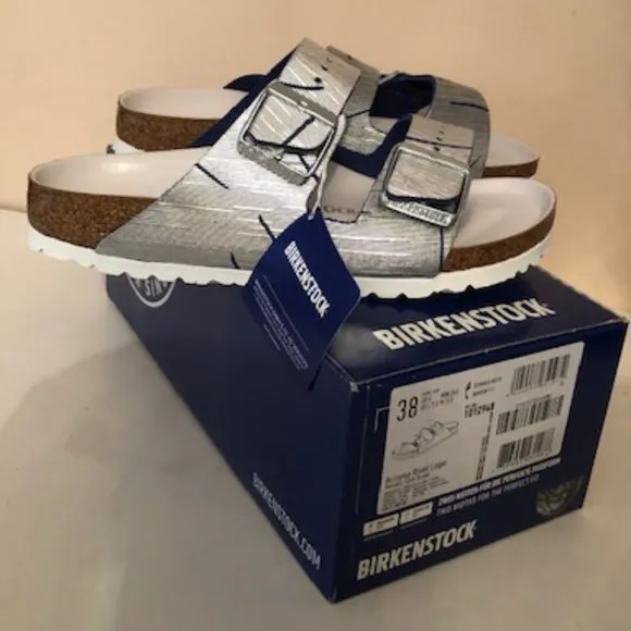 Birkenstock Arizona Metallic Silver Cuts Ocean Rivet Logo Leather Sandal. Rare