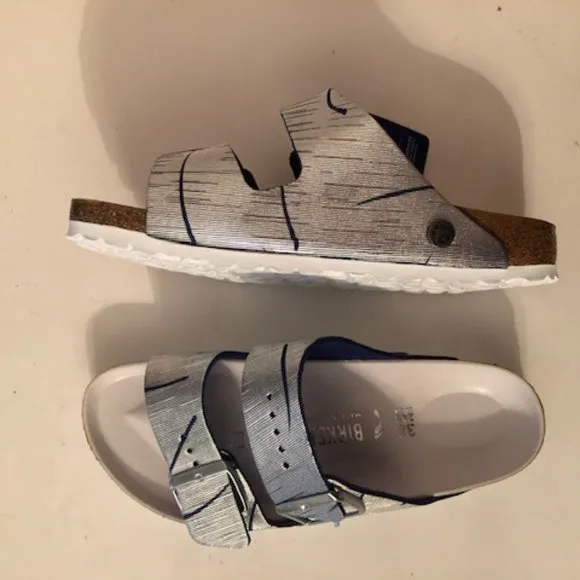 Birkenstock Arizona Metallic Silver Cuts Ocean Rivet Logo Leather Sandal. Rare
