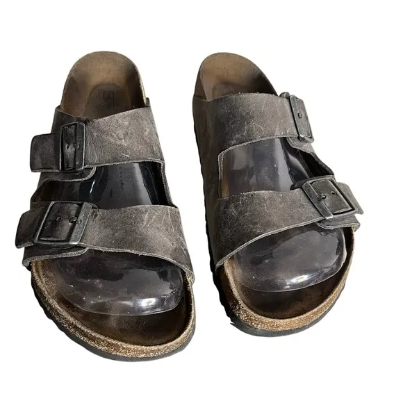 BIRKENSTOCK Arizona Sandals Leather Taupe Two Adjustable Straps Size 43 10-10.5
