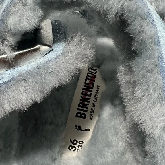 Birkenstock Arizona Shearling-Lined Sandals Light Blue Women’s EU 36/US 5 $160