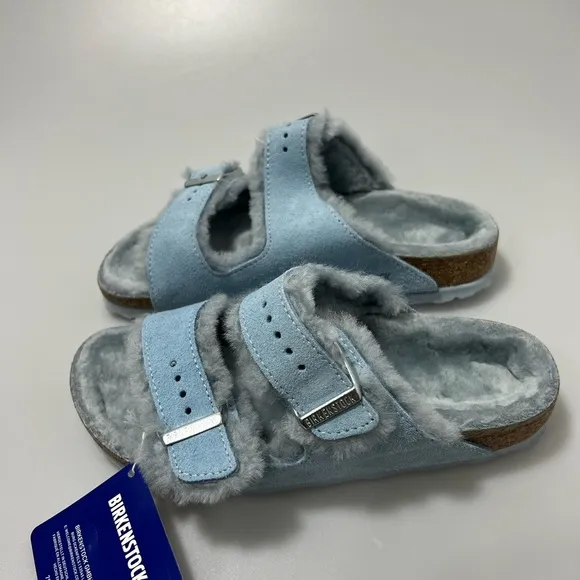 Birkenstock Arizona Shearling-Lined Sandals Light Blue Women’s EU 36/US 5 $160