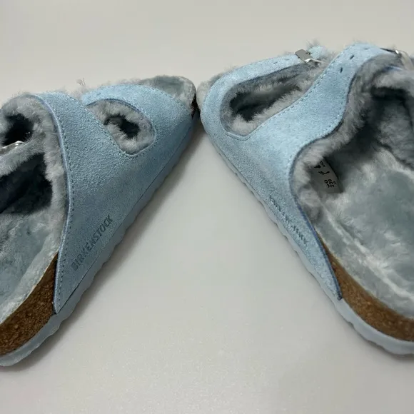 Birkenstock Arizona Shearling-Lined Sandals Light Blue Women’s EU 36/US 5 $160