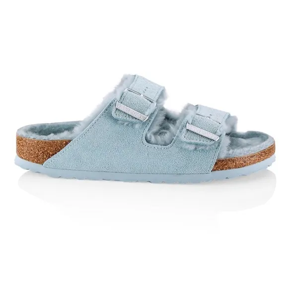 Birkenstock Arizona Shearling-Lined Sandals Light Blue Women’s EU 36/US 5 $160