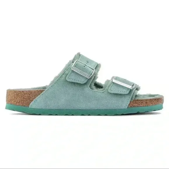 Birkenstock Arizona Shearling Sandal Suede Leather BERYL BLU-GREEN-NWT Unusual