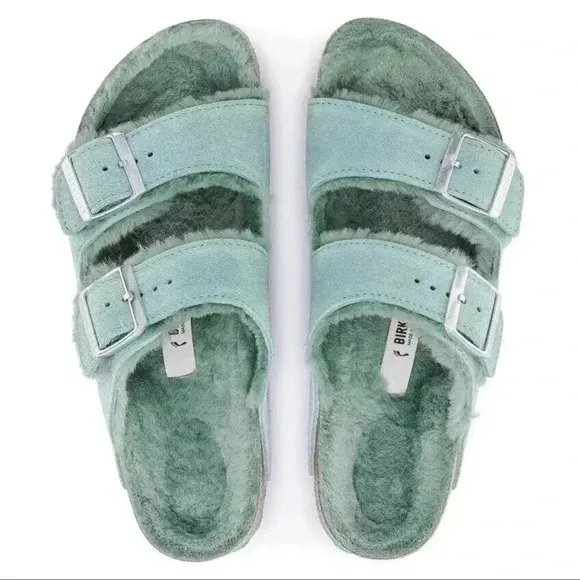 Birkenstock Arizona Shearling Sandal Suede Leather BERYL BLU-GREEN-NWT Unusual