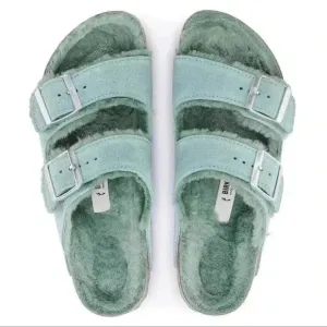 Birkenstock Arizona Shearling Sandal Suede Leather BERYL BLU-GREEN-NWT Unusual
