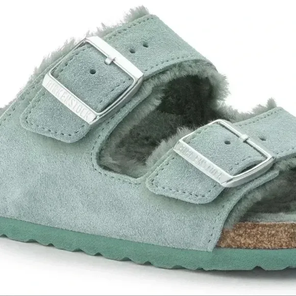 Birkenstock Arizona Shearling Sandal Suede Leather BERYL BLU-GREEN-NWT Unusual