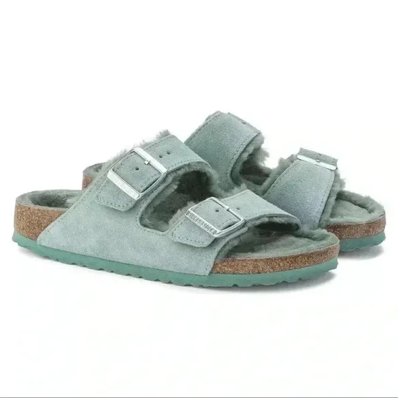 Birkenstock Arizona Shearling Sandal Suede Leather BERYL BLU-GREEN-NWT Unusual