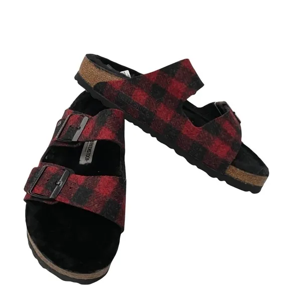 Birkenstock Arizona Shearling Wool Plaid Red Narrow Fit Szs 40/US 9 and 41/US 10