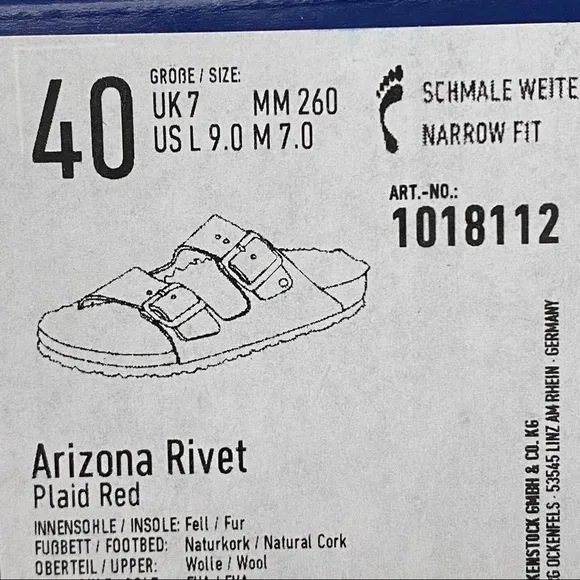 Birkenstock Arizona Shearling Wool Plaid Red Narrow Fit Szs 40/US 9 and 41/US 10