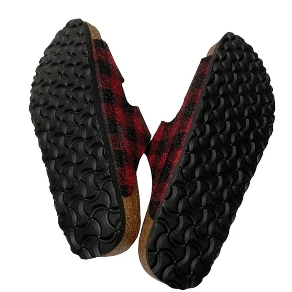 Birkenstock Arizona Shearling Wool Plaid Red Narrow Fit Szs 40/US 9 and 41/US 10