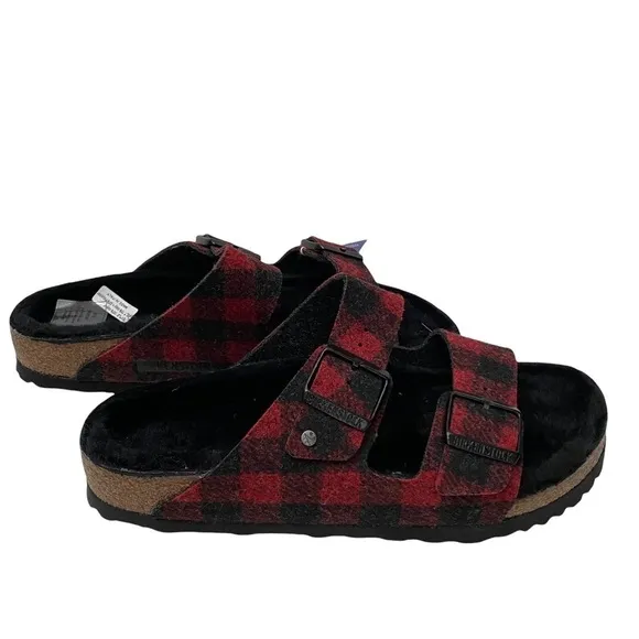 Birkenstock Arizona Shearling Wool Plaid Red Narrow Fit Szs 40/US 9 and 41/US 10
