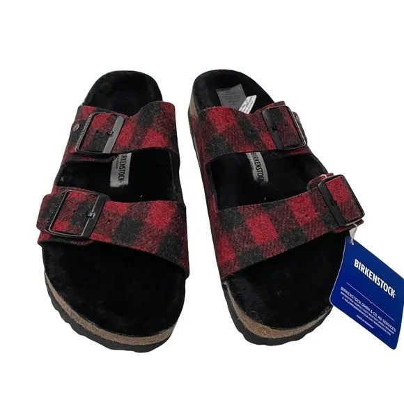 Birkenstock Arizona Shearling Wool Plaid Red Narrow Fit Szs 40/US 9 and 41/US 10