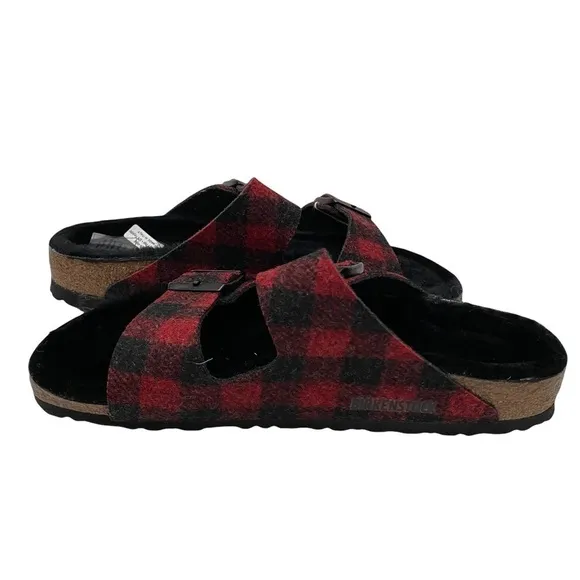 Birkenstock Arizona Shearling Wool Plaid Red Narrow Fit Szs 40/US 9 and 41/US 10