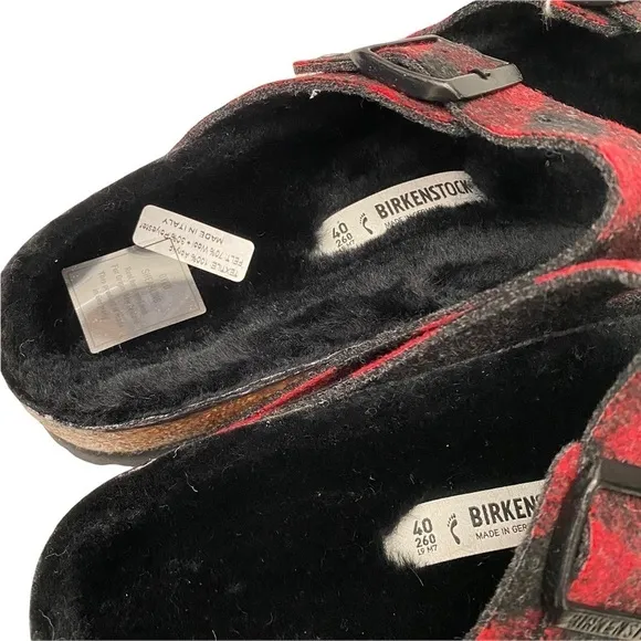 Birkenstock Arizona Shearling Wool Plaid Red Narrow Fit Szs 40/US 9 and 41/US 10