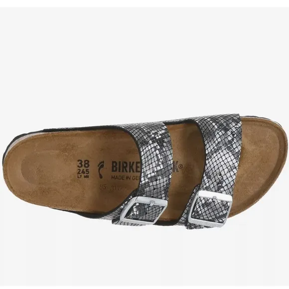 Birkenstock Arizona Slide Sandal NWT Grey &amp; White Snakeskin Size 38 (7-7.5)