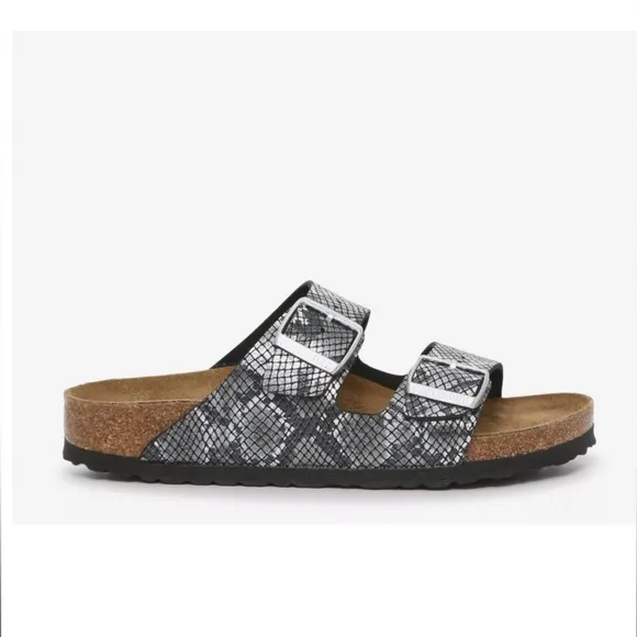 Birkenstock Arizona Slide Sandal NWT Grey &amp; White Snakeskin Size 38 (7-7.5)