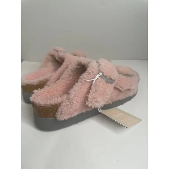 Birkenstock Arizona Teddy Shearling Platform Sandals Pink Big Buckle 38 US 7