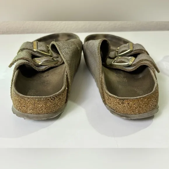 Birkenstock Arizona Washed Metallic Silver Leather 2 Strap Sandals 37 7-7.5