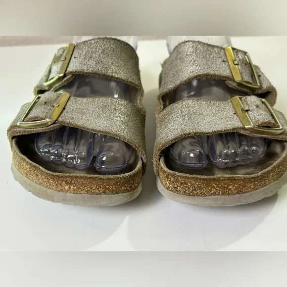Birkenstock Arizona Washed Metallic Silver Leather 2 Strap Sandals 37 7-7.5