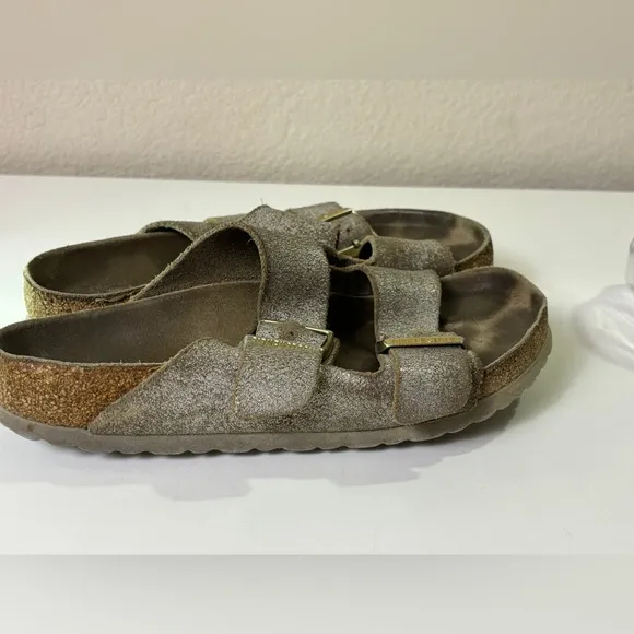 Birkenstock Arizona Washed Metallic Silver Leather 2 Strap Sandals 37 7-7.5
