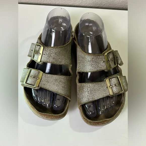 Birkenstock Arizona Washed Metallic Silver Leather 2 Strap Sandals 37 7-7.5