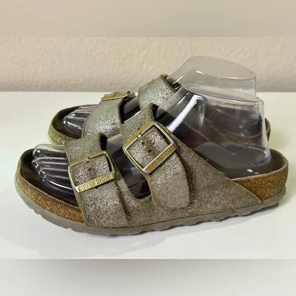 Birkenstock Arizona Washed Metallic Silver Leather 2 Strap Sandals 37 7-7.5